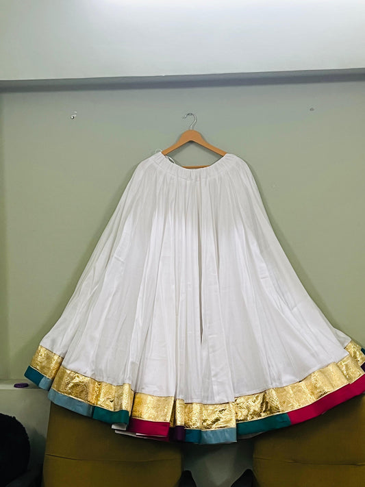white lehenga(multi colour border)